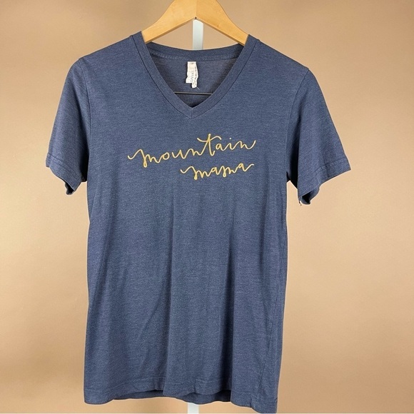 Canvas Womens XS Mountain Mama V Neck Graphic T Shirt Navy Blue Zions Den Boho - Picture 1 of 5